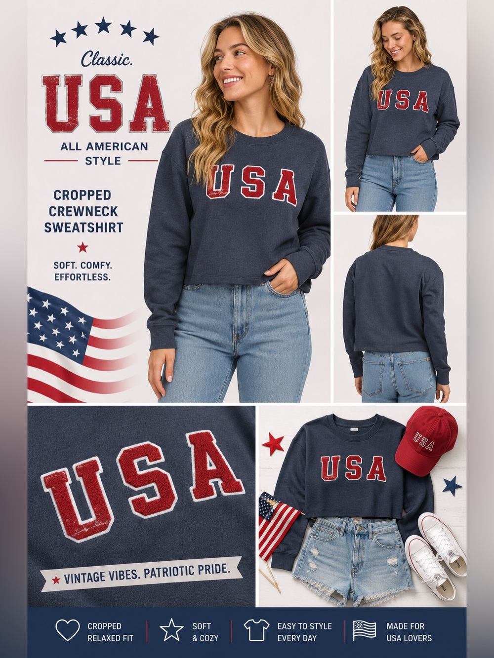 NWT Lucky Brand Navy Pullover with Red Fuzzy USA Applique